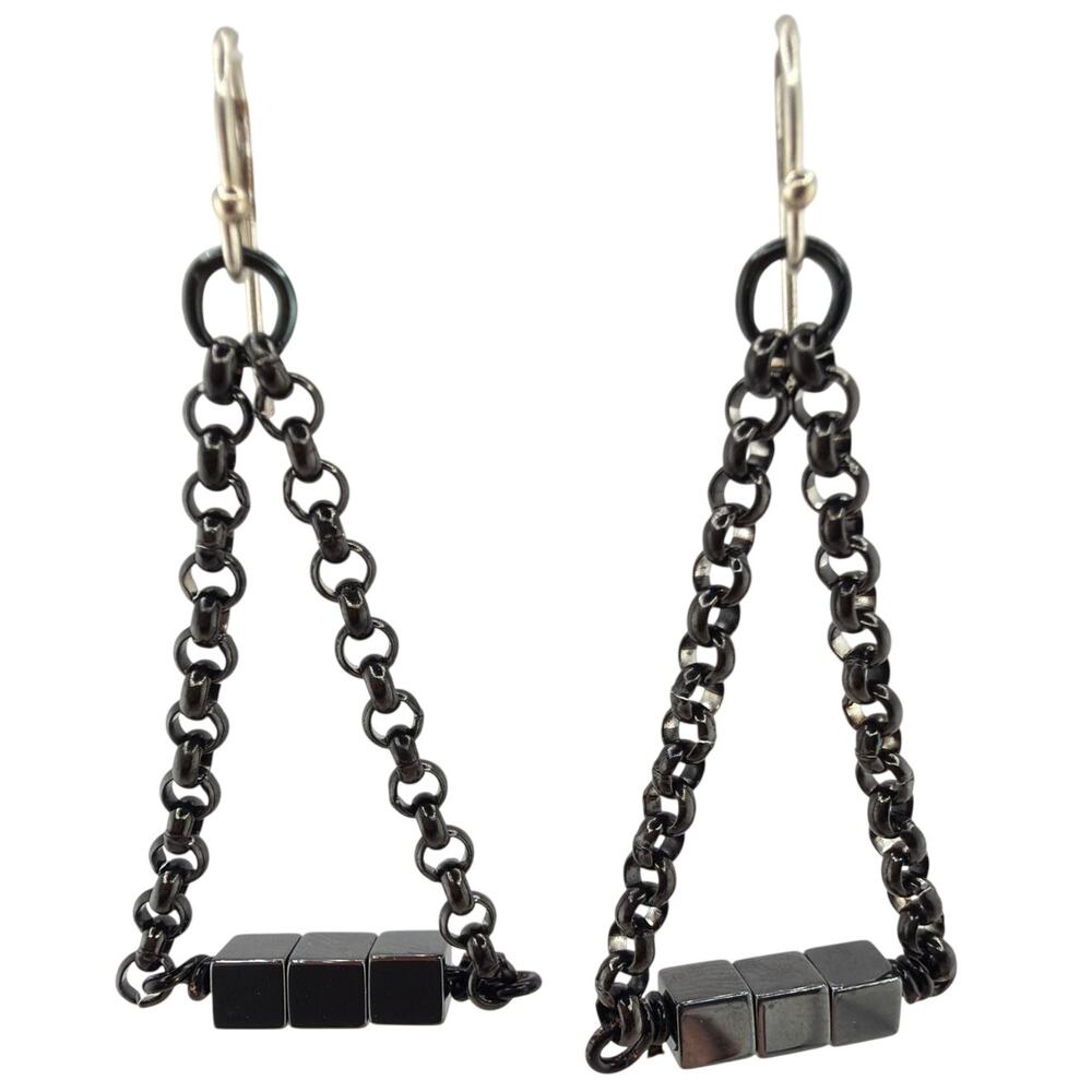 NEW Artisan  Hematite Square Bead Triangular Chain Dangle Earrings